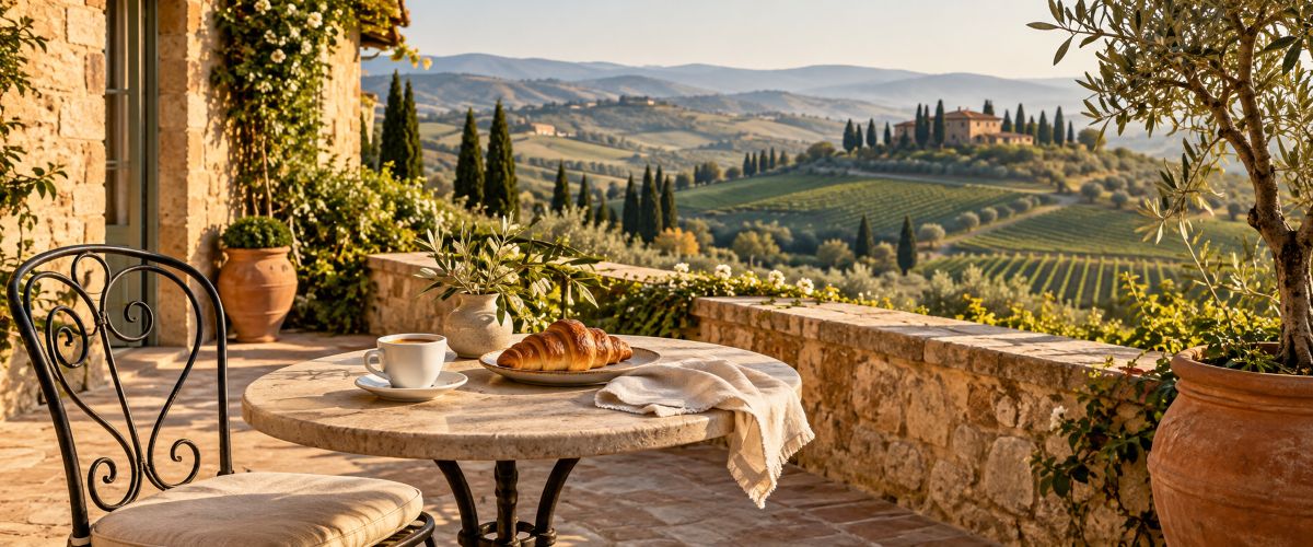 Coffee and a quiet morning overlooking the Tuscan hills