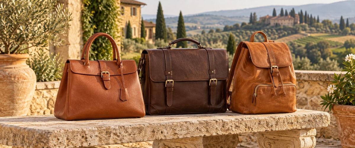 Leather handbag, briefcase and backpack on a Tuscan terrace