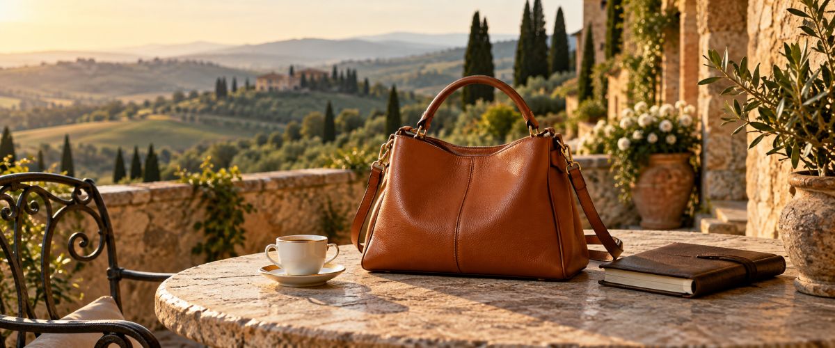 Italian leather bag on a terrace overlooking Tuscany